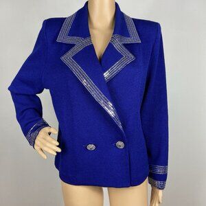 St. John Sz 14 Royal Blue Santana Knit Silver Paillette Rhinestone Blazer Jacket